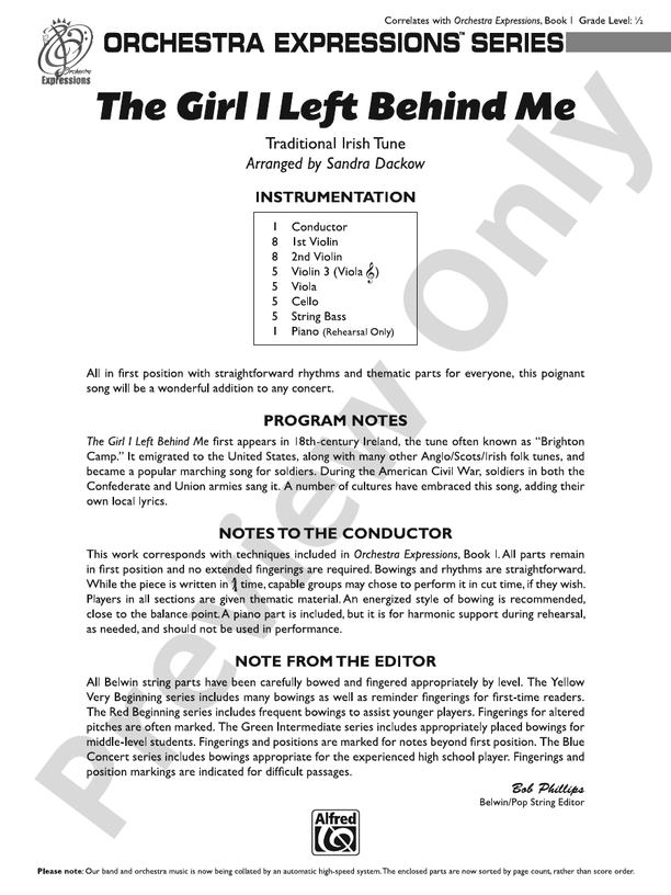 The Girl I Left Behind Me - String Orchestra Conductor Score & Parts (Digital Download)