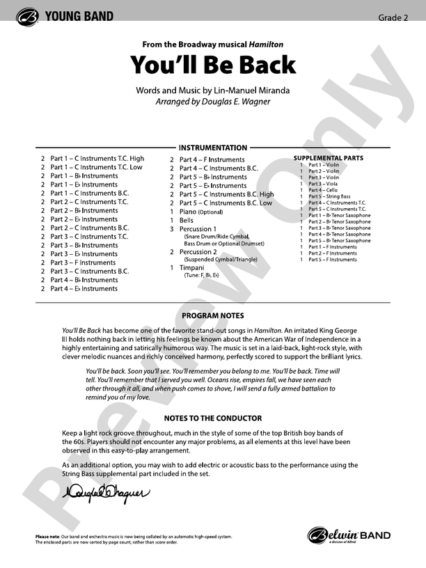You'll Be Back (Flexible Arrangement) - Concert Band Conductor Score & Parts (Digital Download)