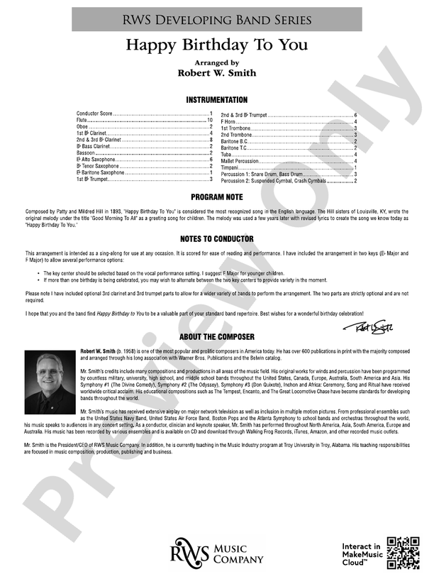 Happy Birthday to You (Grade 2) - Concert Band Conductor Score & Parts (Digital Download)