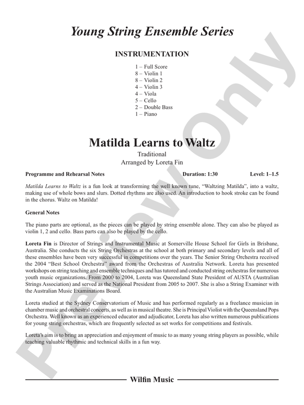 Matilda Learns to Waltz - Arr. Loreta Fin – String Orchestra Conductor Score & Parts (Digital Download)