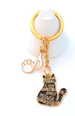 Keyring Black Cat Purring is Very Lovely Music with a White Paw Note