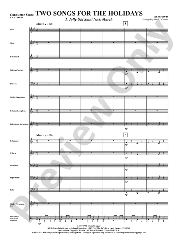 Two Songs for the Holidays - Jolly Old Saint Nick March & Angels We Have Heard On High - Concert Band Conductor Score & Parts (Digital Download)