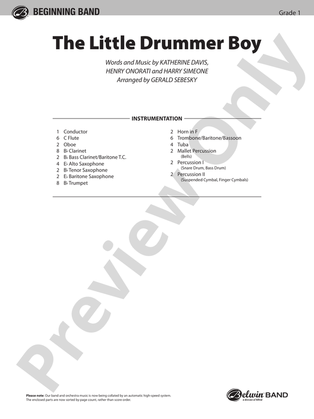 The Little Drummer Boy (Grade 1) - Concert Band Conductor Score & Parts (Digital Download)
