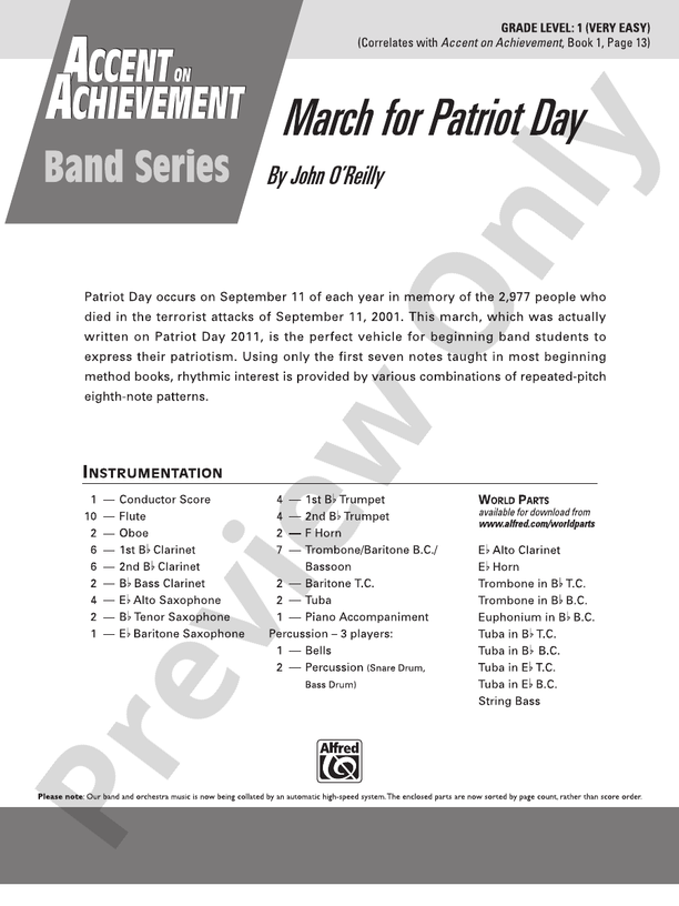 March for Patriot Day - Concert Band Conductor Score & Parts (Digital Download)
