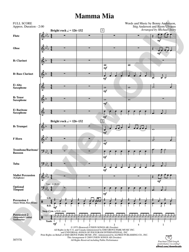 Mamma Mia - Concert Band Conductor Score & Parts (Digital Download)