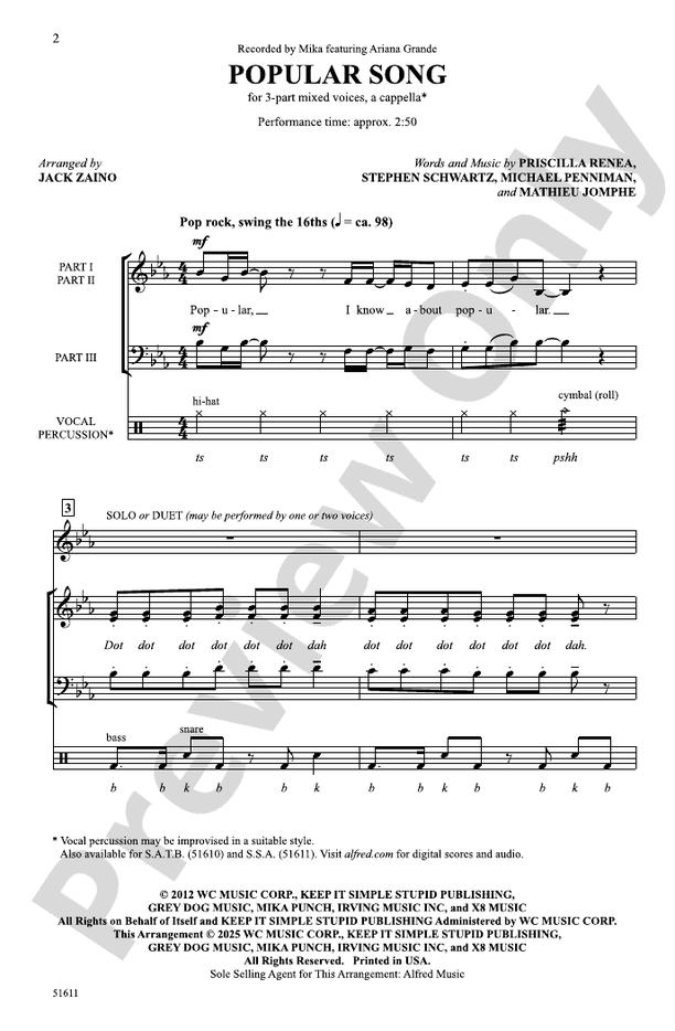 Popular Song - 3 Part Mixed Choral Octavo (Digital Download)
