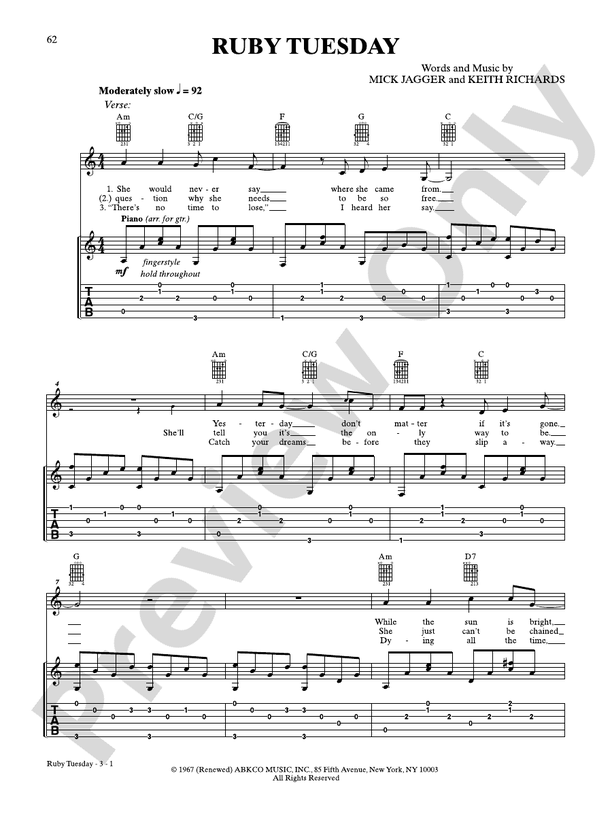 Ruby Tuesday - Guitar TAB (Digital Download)