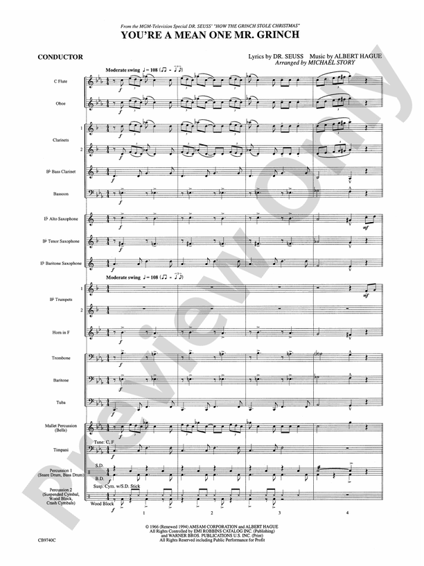 You're a Mean One, Mr. Grinch - Concert Band Conductor Score & Parts (Digital Download)
