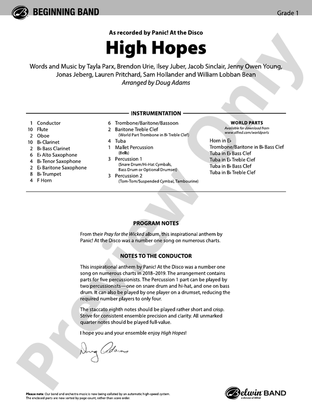 High Hopes - Concert Band Conductor Score & Parts (Digital Download)