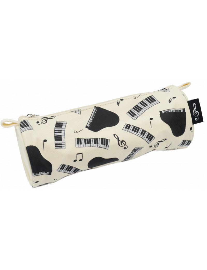 White Pencil Case with Black Grand Pianos and Keyboards