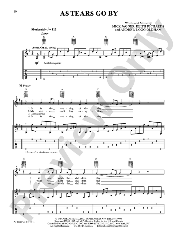 As Tears Go By - Guitar TAB (Digital Download)
