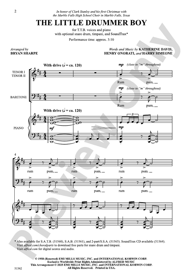 The Little Drummer Boy - TTB Choral Octavo (Digital Download)