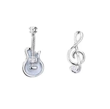 Silver and White Guitar and Treble Clef Earrings Stud
