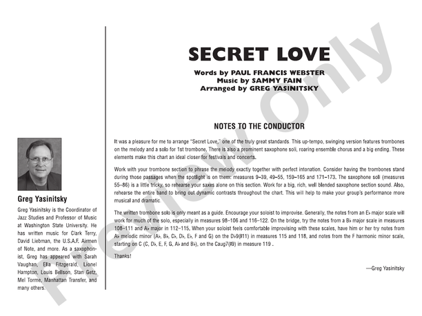Secret Love (Arr. Greg Yasinitsky) - Jazz Ensemble Conductor Score & Parts(Digital Download)