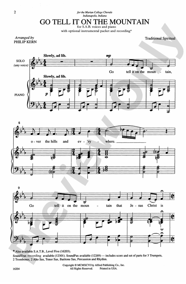 Go, Tell It on the Mountain - Arr. Philip Kern – SAB Choral Octavo (Digital Download)