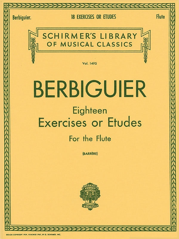 Berbiguier - 18 Exercises Or Etudes - Flute Solo Schirmer 50259650