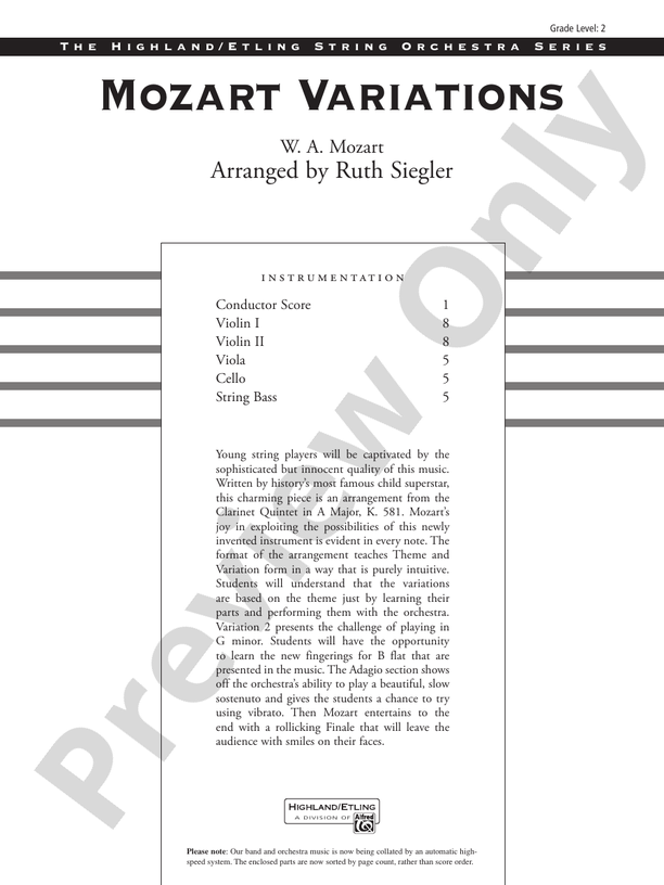 Mozart Variations – String Orchestra Conductor Score & Parts (Digital Download)
