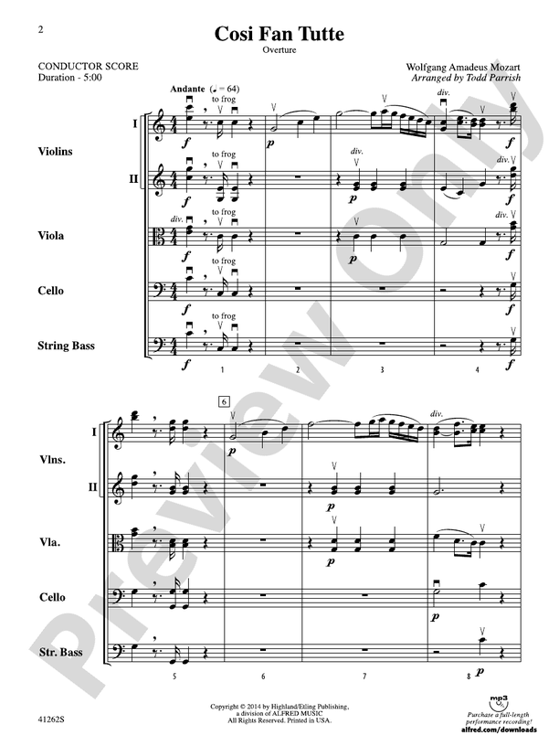 Cosi Fan Tutte – String Orchestra Conductor Score & Parts (Digital Download)