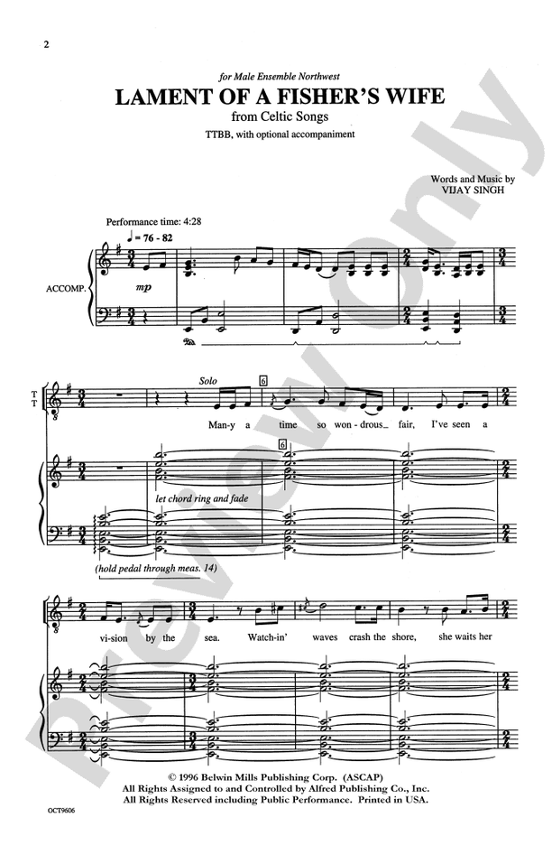 Lament of a Fisher's Wife (from Celtic Songs) – TTBB, a cappella Choral Octavo (Digital Download)