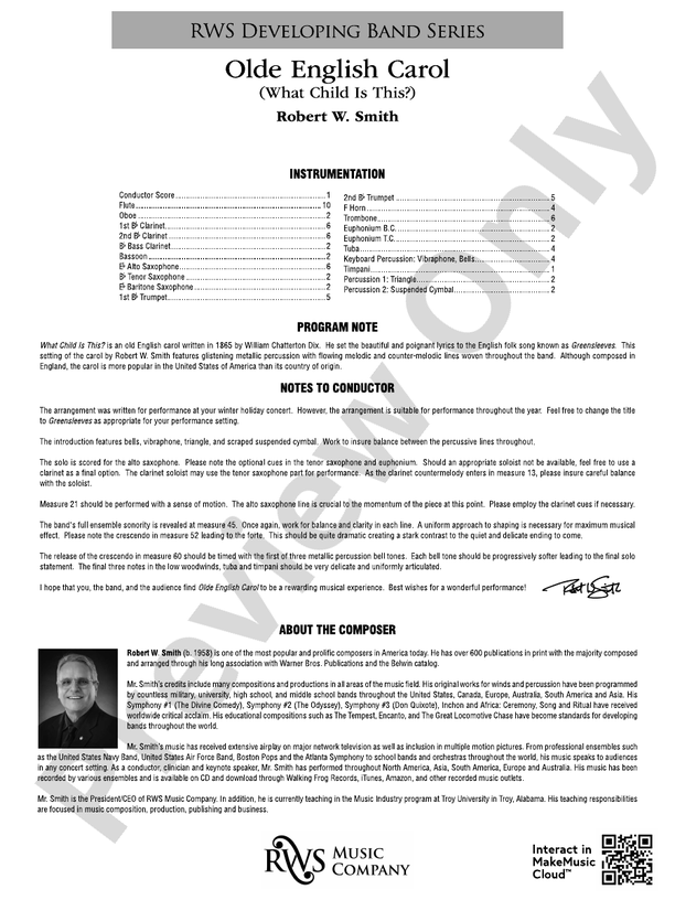 Olde English Carol - What Child Is This? - Concert Band Conductor Score & Parts (Digital Download)
