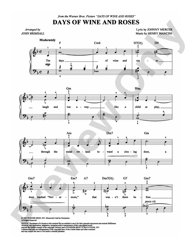 Days of Wine and Roses - Arr. John Brimhall - Easy Piano (Digital Download)