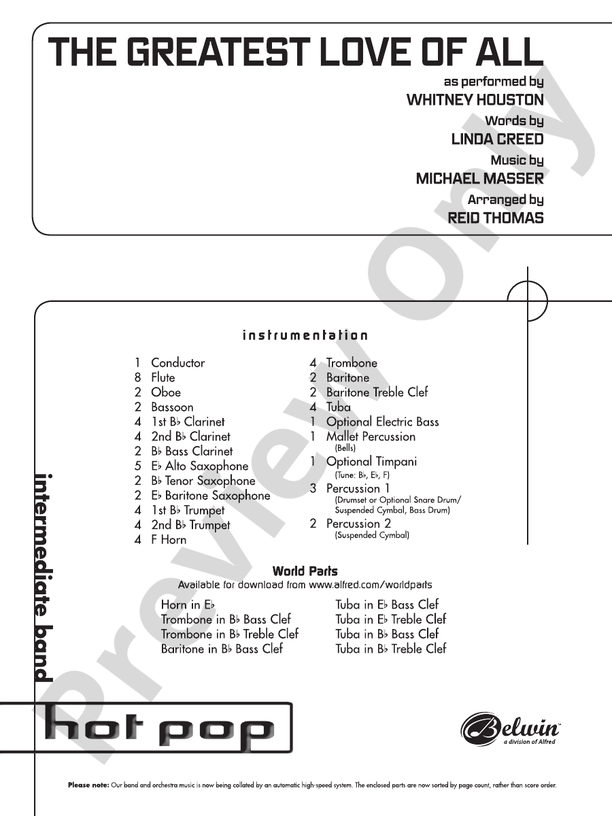 The Greatest Love of All - Concert Band Conductor Score & Parts (Digital Download)
