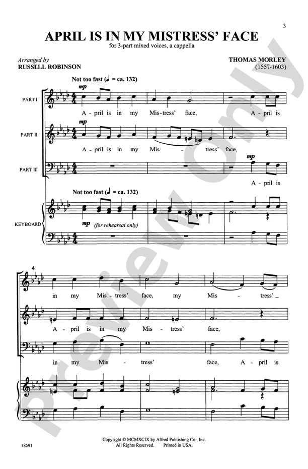 April Is in My Mistress' Face – 3-Part Mixed, a cappella Choral Octavo (Digital Download)