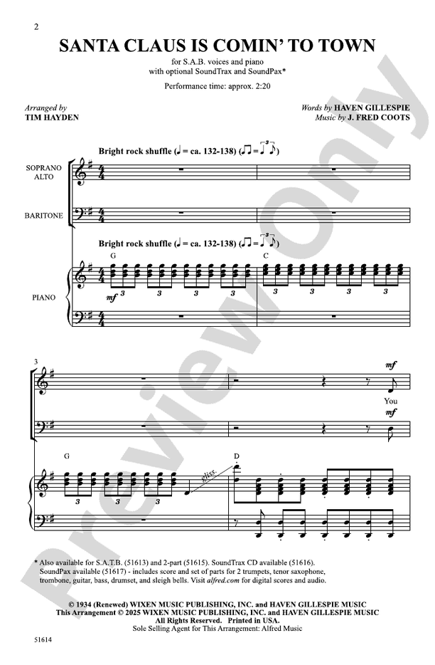 Santa Claus Is Comin' to Town - SAB Choral Octavo (Digital Download)