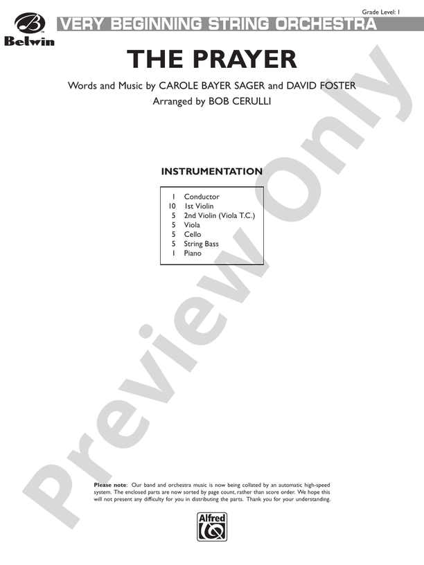 The Prayer – String Orchestra Conductor Score & Parts (Digital Download)