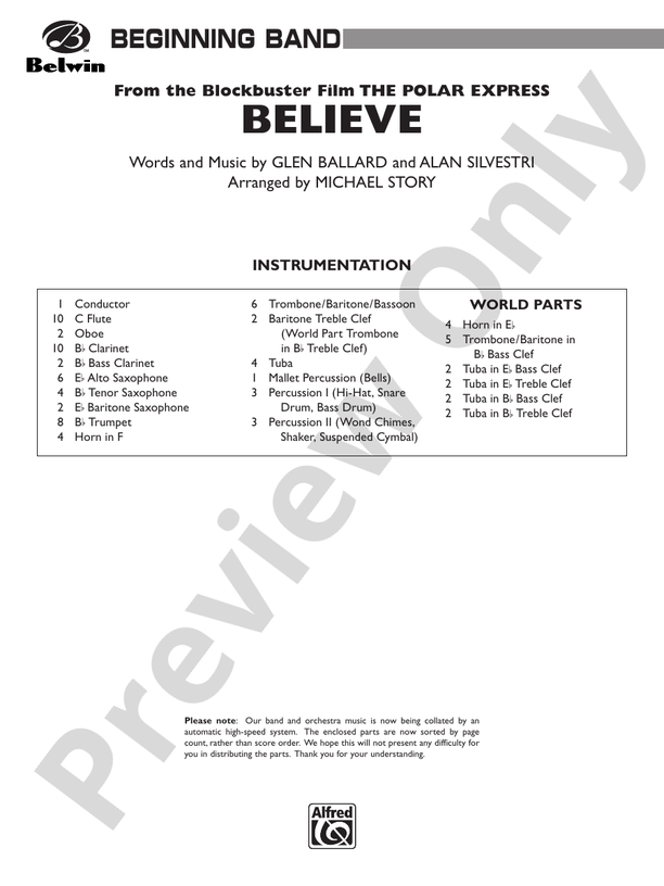 Believe (from The Polar Express) - Concert Band Conductor Score & Parts (Digital Download)