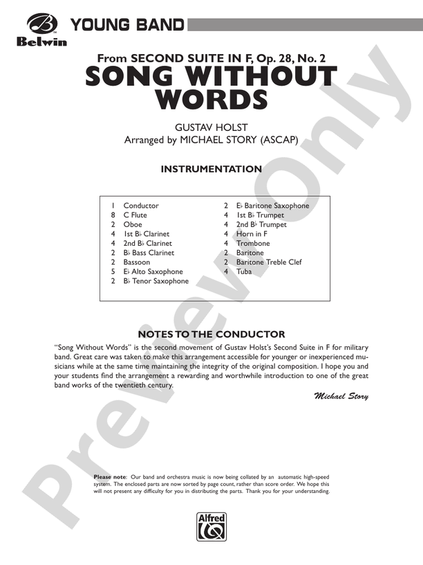 Song Without Words - Concert Band Conductor Score & Parts (Digital Download)