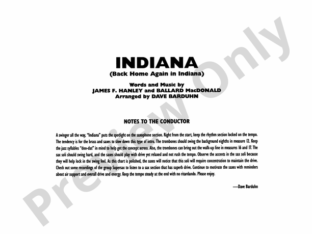 Indiana (Back Home Again in Indiana) - Jazz Ensemble Conductor Score & Parts (Digital Download)