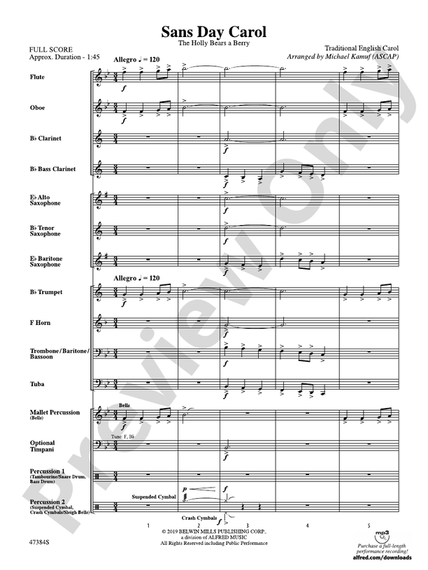 Sans Day Carol - Concert Band Conductor Score & Parts (Digital Download)