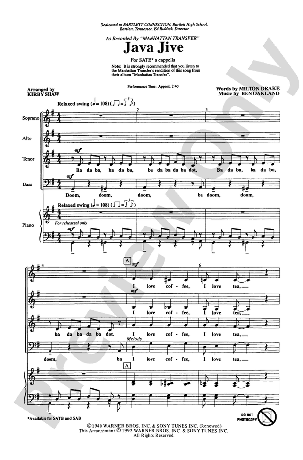 Java Jive – SATB, a cappella Choral Octavo - Digital Sheet Music Download (Digital Download)