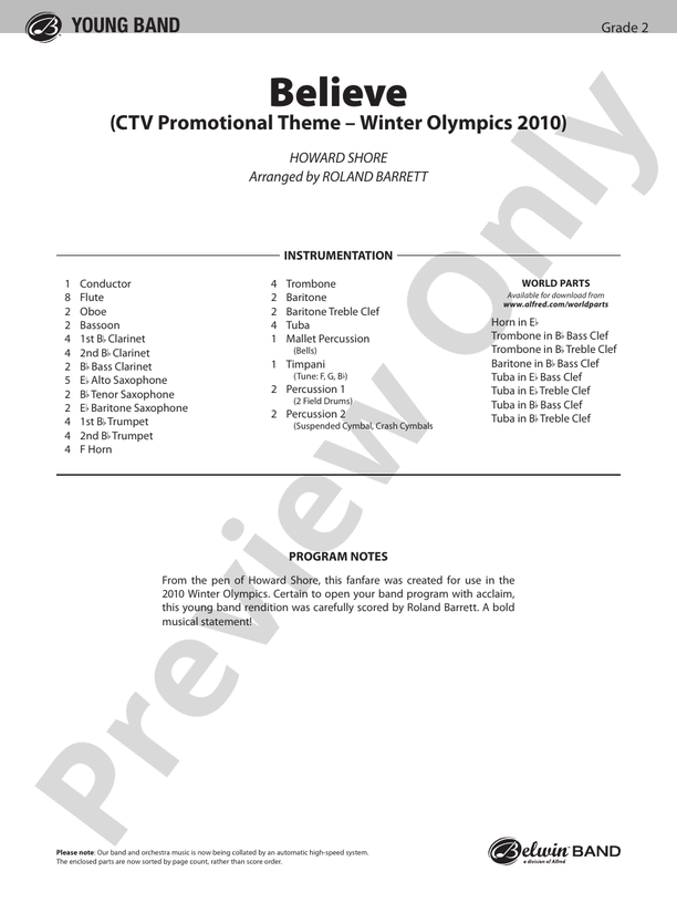 Believe (Winter Olympics 2010) Grade 2 - Concert Band Conductor Score & Parts (Digital Download)