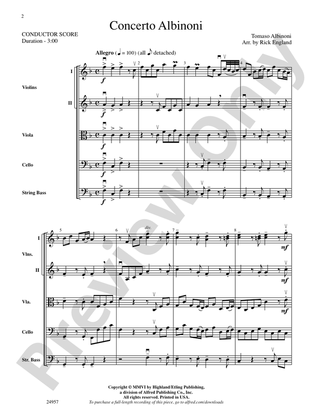 Concerto Albinoni – String Orchestra Conductor Score & Parts (Digital Download)