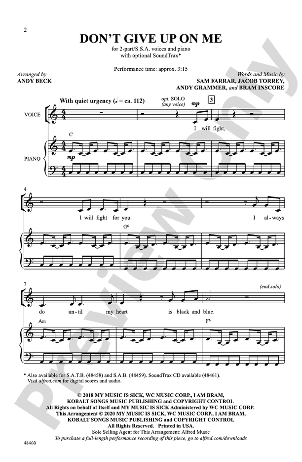 Don't Give Up on Me – 2-Part / SSA Choral Octavo (Digital Download)
