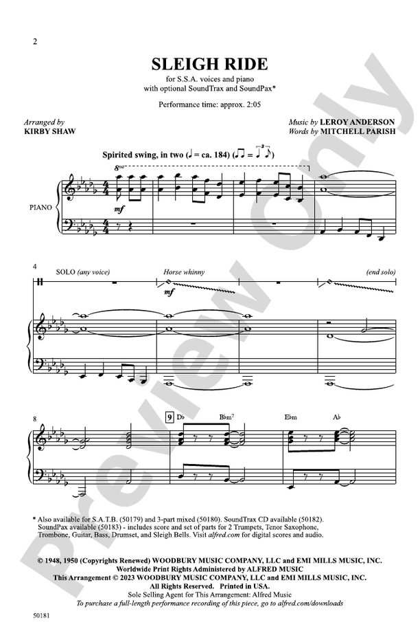 Sleigh Ride - SSA Choral Octavo (Digital Download)
