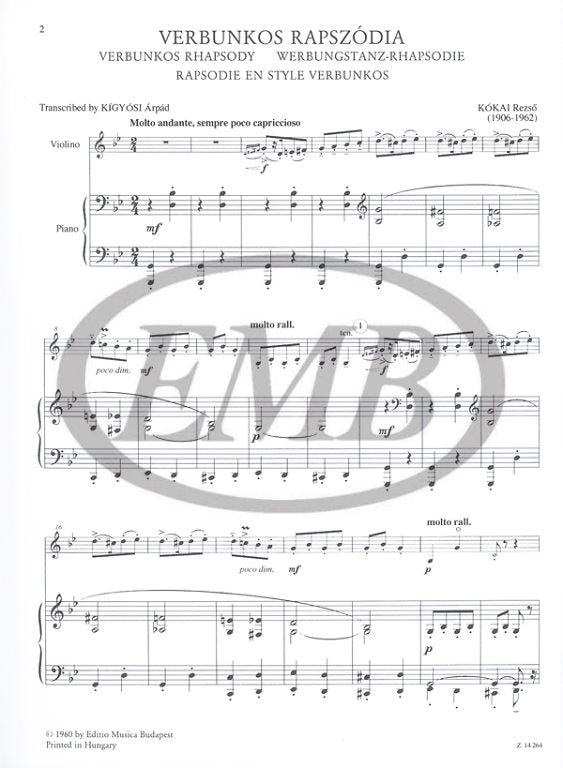 Kokai - Verbunkos Rhapsody - Violin or Viola or Clarinet/Piano Accompaniment EMB Z14264