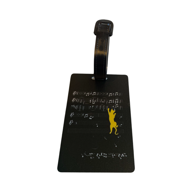 Luggage Tag Black with a Yellow Cat and White Notes