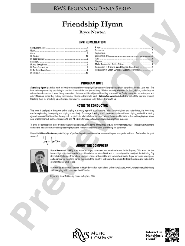 Friendship Hymn - Concert Band Conductor Score & Parts (Digital Download)