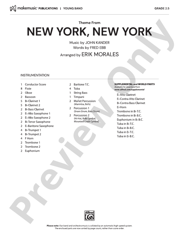 Theme from New York, New York – Concert Band Conductor Score & Parts (Digital Download)