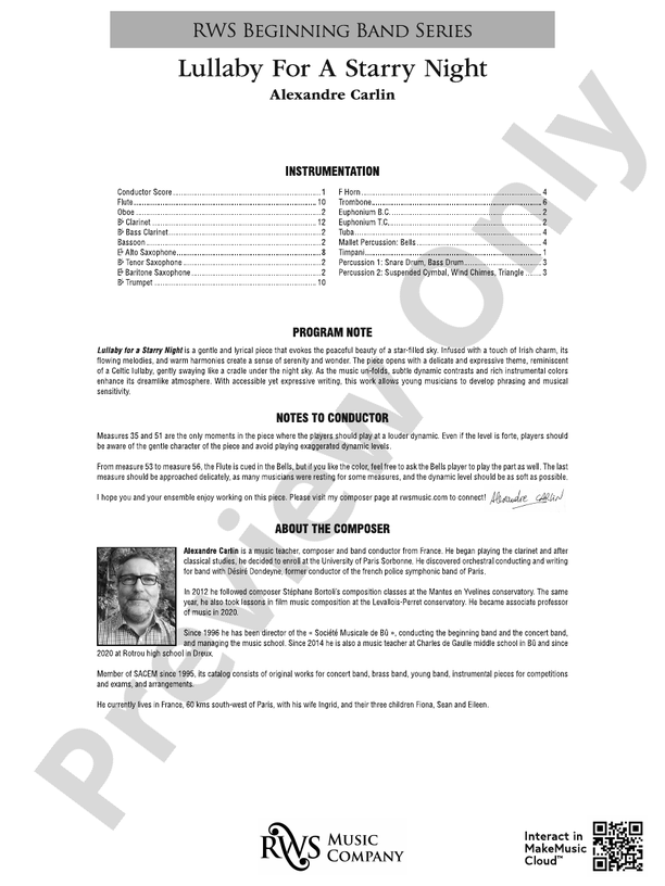 Lullaby For A Starry Night - Concert Band Conductor Score & Parts(Digital Download)