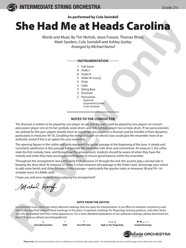 She Had Me at Heads Carolina - String Orchestra Conductor Score & Parts (Digital Download)