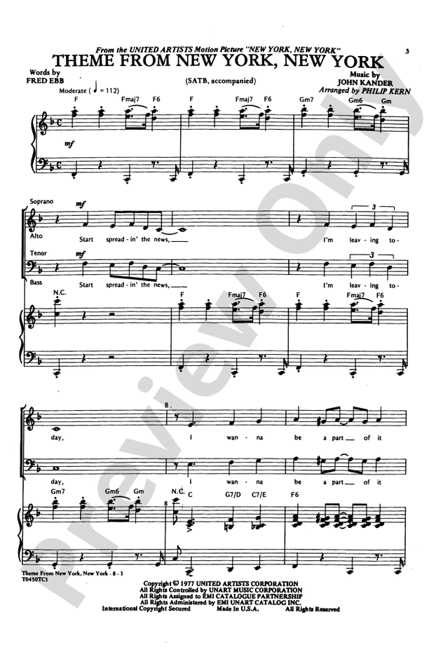 New York, New York, Theme from - Arr.Philip Kern - SATB Choral Octavo (Digital Download)