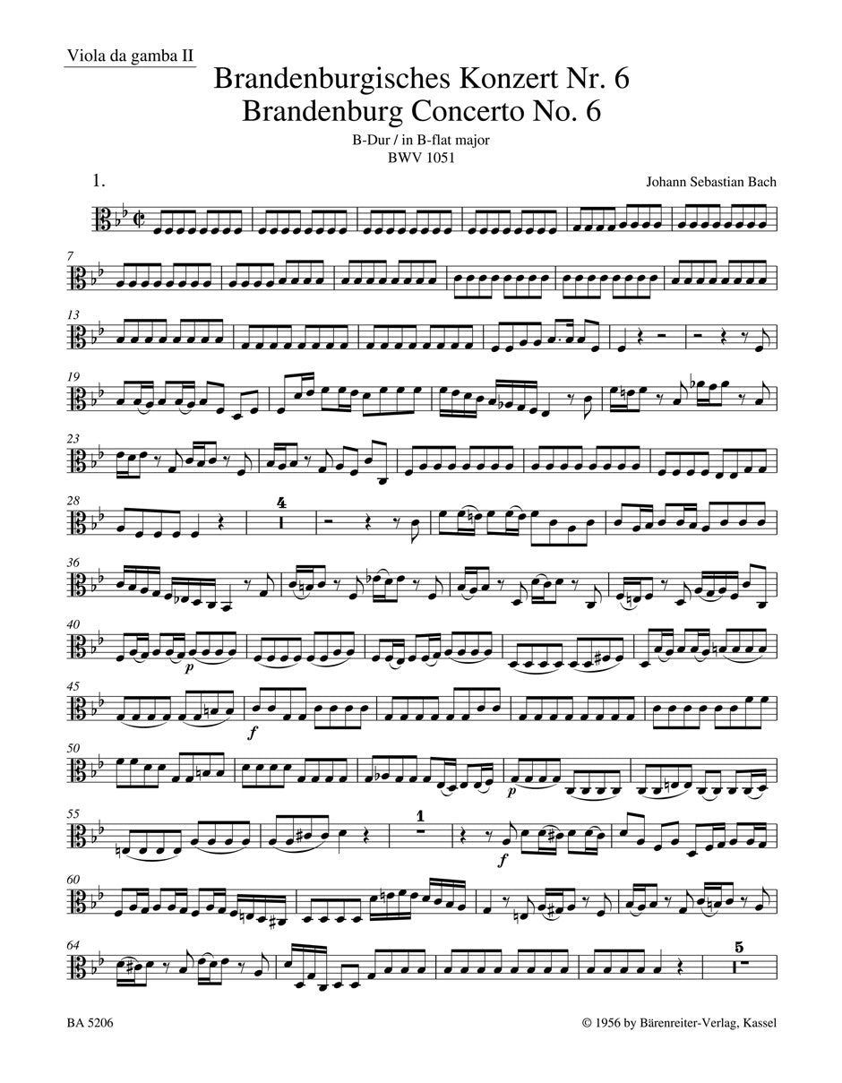 Bach - Brandenburg Concerto #6 in Bbmaj - Viola da Gamba 2 Barenreiter BA5206-04