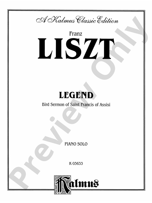 Liszt - Legend-- St. Francis' Sermon to the Birds - Piano Solo (Digital Download)