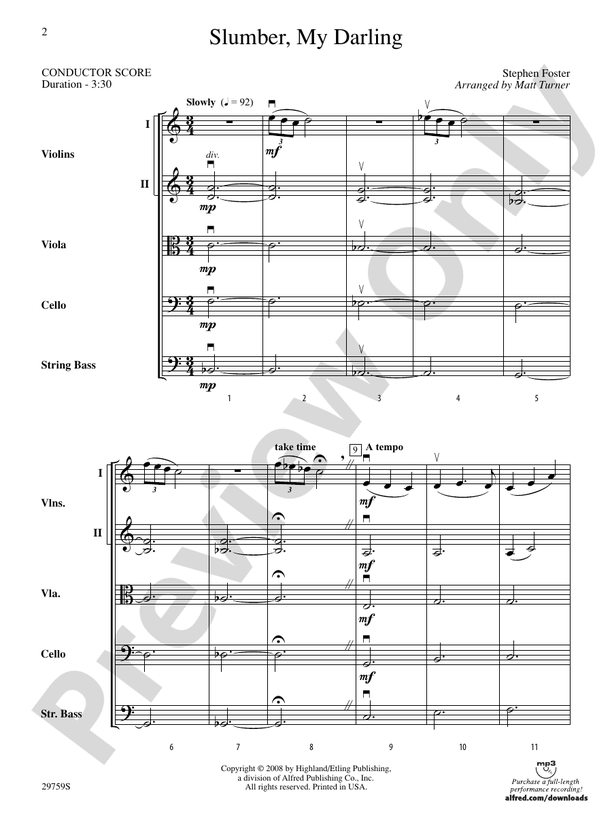 Slumber, My Darling – String Orchestra Conductor Score & Parts (Digital Download)