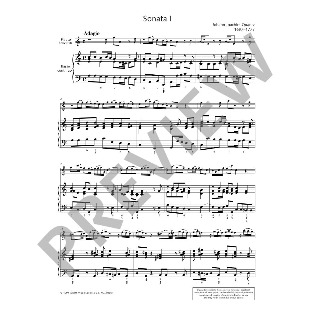 Quantz - 6 Sonatas Op1 Volume 1: #1-3 - Flute/Piano Accompaniment Schott ED8006