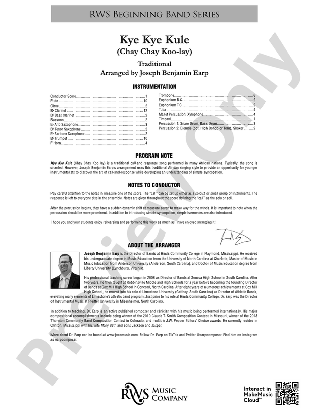 Kye Kye Kule - Chay Chay Koo-lay - Concert Band Conductor Score & Parts(Digital Download)